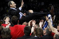 MADRID, SPAIN - MAY 04:  Head Coach Ettore Messina of CSKA Moscow is hoisted up by his players as they celebrate victory at the end of the Euroleague Final Four final basketball match between Maccabi Elite and CSKA Moscow, at the Palacio de Deportes on May 4, 2008 in Madrid, Spain. CSKA Moscow won the final 91-71.  (Photo by Jasper Juinen/Getty Images)