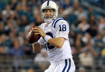 JACKSONVILLE, FL - DECEMBER 18:  Peyton Manning #18 of the Indianapolis Colts attempts a pass during the game against the Jacksonville Jaguars at Jacksonville Municipal Stadium on December 18, 2008 in Jacksonville, Florida.  (Photo by Sam Greenwood/Getty Images)