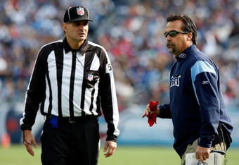 NASHVILLE, TN - NOVEMBER 23:  Head coach Jeff Fisher of the Tennessee Titans questions a call against the New York Jets during the game at LP Field on November 23, 2008 in Nashville, Tennessee.  (Photo by Kevin C. Cox/Getty Images)