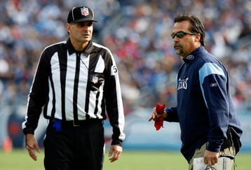 NASHVILLE, TN - NOVEMBER 23:  Head coach Jeff Fisher of the Tennessee Titans questions a call against the New York Jets during the game at LP Field on November 23, 2008 in Nashville, Tennessee.  (Photo by Kevin C. Cox/Getty Images)