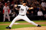 CHICAGO - OCTOBER 12:  Starting pitcher, Mark Buerhrle #56 of the Chicago White Sox delivers a pitch in the first inning against Los Angeles Angels of Anaheim during Game Two of the American League Championship Series on October 12, 2005 at U.S. Cellular Field in Chicago, Illinois.  The Angels lead the series 1-0.  (Photo by Jed Jacobsohn/Getty Images)