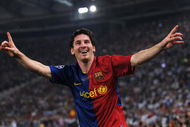 ROME - MAY 27:  Lionel Messi of Barcelona celebrates scoring the second goal for Barcelona during the UEFA Champions League Final match between Barcelona and Manchester United at the Stadio Olimpico on May 27, 2009 in Rome, Italy.  (Photo by Jasper Juinen/Getty Images)