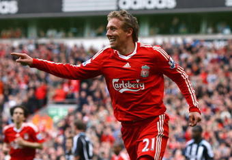 LIVERPOOL, UNITED KINGDOM - MAY 03:  Lucas of Liverpool celebrates scoring his team's third goal during the Barclays Premier League match between Liverpool and Newcastle United at Anfield on May 3, 2009 in Liverpool, England.  (Photo by Alex Livesey/Getty Images)