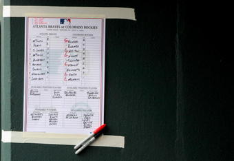 DENVER - JULY 11:  A detail of the line up card in the Atlanta Braves dugout as they face the Colorado Rockies during MLB action at Coors Field on July 11, 2009 in Denver, Colorado. The Braves defeated the Rockies 4-3.  (Photo by Doug Pensinger/Getty Images)