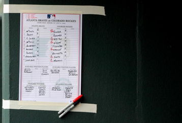 DENVER - JULY 11:  A detail of the line up card in the Atlanta Braves dugout as they face the Colorado Rockies during MLB action at Coors Field on July 11, 2009 in Denver, Colorado. The Braves defeated the Rockies 4-3.  (Photo by Doug Pensinger/Getty Images)