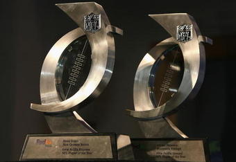 TAMPA, FL - JANUARY 28:  The 'FedEx Air & Ground NFL Players of the Year' trophies being awarded to Drew Brees of the New Orleans Saints and Adrian Peterson of the Minnesota Vikings during a press conference at the Convention Center on January 28, 2009 in Tampa, Florida.  (Photo by Christian Petersen/Getty Images)