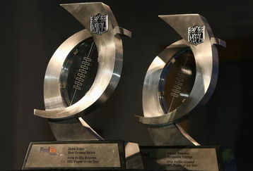 TAMPA, FL - JANUARY 28:  The 'FedEx Air & Ground NFL Players of the Year' trophies being awarded to Drew Brees of the New Orleans Saints and Adrian Peterson of the Minnesota Vikings during a press conference at the Convention Center on January 28, 2009 in Tampa, Florida.  (Photo by Christian Petersen/Getty Images)