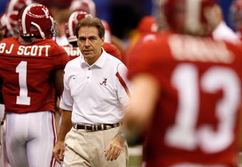 NEW ORLEANS - JANUARY 02:  Head coach Nick Saban of the Alabama Crimson Tide looks on before taking on the Utah Utes during the 75th Allstate Sugar Bowl at the Louisiana Superdome on January 2, 2009 in New Orleans, Louisiana.  (Photo by Kevin C. Cox/Getty Images)