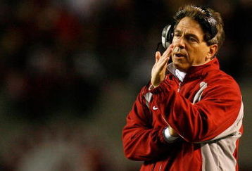 TUSCALOOSA, AL - NOVEMBER 15:  Head coach Nick Saban of the Alabama Crimson Tide talks to his defense against the Mississippi State Bulldogs during the game at Bryant-Denny Stadium on November 15, 2008 in Tuscaloosa, Alabama.  (Photo by Kevin C. Cox/Getty Images)