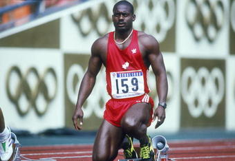 Canadian sprinter Ben Johnson at the start of the 100 Metres semi-final at Seoul Olympic Stadium during the Olympic Games in Seoul, South Korea, 24th September 1988. Johnson won the final in a world record time of 9.79 seconds, but was disqualified for doping. (Photo by Tony Duffy/Getty Images)