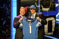 NEW YORK - APRIL 25: NFL Commissioner Roger Goodell stands with Detroit Lions #1 draft pick Matthew Stafford at Radio City Music Hall for the 2009 NFL Draft on April 25, 2009 in New York City (Photo by Jeff Zelevansky/Getty Images)