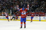 MONTREAL, CANADA- APRIL 24:  Tomas Plekanec #14 of the Montreal Canadiens raises his arms in celebration of a goal by Alex Kovalev #27 against the Philadelphia Flyers during Game One of the Eastern Conference Semifinals of the 2008 NHL Stanley Cup Playoffs on April 24, 2008 at the Bell Centre in Montreal, Canada.  The Philadelphia Flyers are tied with the Montreal Canadiens 2-2 after two periods.  (Photo by Phillip MacCallum/Getty Images)