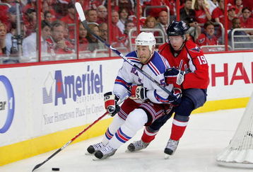 WASHINGTON - APRIL 28:  Nicklas Backstrom #19 of the Washington Capitals tries to strip the puck from Derek Morris #53 of the New York Rangers during Game Seven of the Eastern Conference Quarterfinal Round of the 2009 Stanley Cup Playoffs on April 28, 2009 at the Verizon Center in Washington,  DC.  (Photo by Len Redkoles/Getty Images)