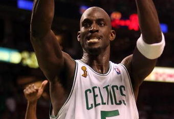 BOSTON - JUNE 17:  Kevin Garnett #5 of the Boston Celtics reacts while taking on the Los Angeles Lakers in Game Six of the 2008 NBA Finals on June 17, 2008 at TD Banknorth Garden in Boston, Massachusetts. NOTE TO USER: User expressly acknowledges and agrees that, by downloading and/or using this Photograph, user is consenting to the terms and conditions of the Getty Images License Agreement.  (Photo by Elsa/Getty Images)