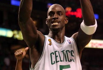 BOSTON - JUNE 17:  Kevin Garnett #5 of the Boston Celtics reacts while taking on the Los Angeles Lakers in Game Six of the 2008 NBA Finals on June 17, 2008 at TD Banknorth Garden in Boston, Massachusetts. NOTE TO USER: User expressly acknowledges and agrees that, by downloading and/or using this Photograph, user is consenting to the terms and conditions of the Getty Images License Agreement.  (Photo by Elsa/Getty Images)