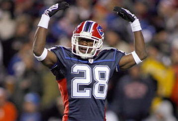 ORCHARD PARK - NOVEMBER 17:  Leodis McKelvin #28 of the Buffalo Bills reacts on the field during the game against the Cleveland Browns on November 17, 2008 at Ralph Wilson Stadium in Orchard Park, New York. (Photo by: Rick Stewart/Getty Images)