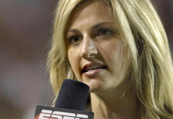MIAMI, FL - SEPTEMBER 20: Commentator Erin Andrews of ESPN reports from the sidelines as the University of Miami Hurricanes host the Texas A&M Aggies at the Orange Bowl on September 20, 2007 in Miami, Florida.  Miami won 31-17.  (Photo by Al Messerschmidt/Getty Images)