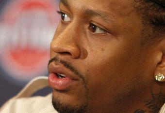 AUBURN HILLS, MI - NOVEMBER 04:  Allen Iverson #1 of the Detroit Pistons is introduced at press conference after being traded from the Denver Nuggets on November 4, 2008 at the Palace of Auburn Hills in Auburn Hills, Michigan. NOTE TO USER: User expressly acknowledges and agrees that, by downloading and or using this photograph, User is consenting to the terms and conditions of the Getty Images License Agreement.  (Photo by Gregory Shamus/Getty Images)