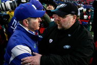 EAST RUTHERFORD, NJ - JANUARY 11:  Head coach Tom Coughlin #10 of the New York Giants shakes hands with head coach Andy Reid of the Philadelphia Eagles after the NFC Divisional Playoff Game on January 11, 2009 at Giants Stadium in East Rutherford, New Jersey.  (Photo by Al Bello/Getty Images)