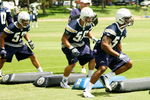 SAN DIEGO - MAY 03: Linebackers James Holt #53, Anthony Fielder #58 and Larry English #52 of the San Diego Chargers participate in a practice drill during minicamp at the Chargers training facility on May 3, 2009 in San Diego, California. (Photo by Kevin Terrell/Getty Images)