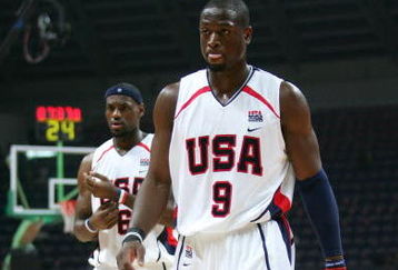 GUANGZHOU, CHINA - AUGUST 8:  Dwyane Wade #9 and LeBron James of the USA Senior Men's National Team walk down the court during the game against Brazil Men's National Team during the China Basketball Challenge August 8, 2006 in Guangzhou, Guangdong province, China. USA won the game, 90-86.  (Photo by Guang Niu/Getty Images)