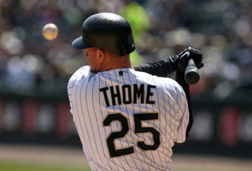 CHICAGO - APRIL 09:  Jim Thome #25 of the Chicago White Sox fouls off a pitch in the bottom of the first inning against the Kansas City Roayls at U.S. Cellular Field on April 9, 2009 in Chicago, Illinois.  (Photo by Jonathan Daniel/Getty Images)