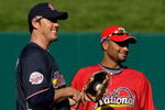 ST LOUIS, MO - JULY 13:  National League All-Star Johan Santana of the New York Mets talks with American League All-Star Joe Nathan of the Minnesota Twins during the Gatorade All-Star Workout Day at Busch Stadium on July 13, 2009 in St Louis, Missouri.  (Photo by Jamie Squire/Getty Images)