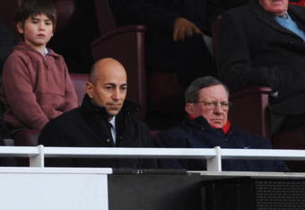 LONDON - DECEMBER 06:  New Arsenal Chief Executive Ivan Gazidis (L) and chairman Peter Hill-Wood look on during the Barclays Premier League match between Arsenal and Wigan Athletic at the Emirates Stadium on December 6, 2008 in London, England.  (Photo by Shaun Botterill/Getty Images)