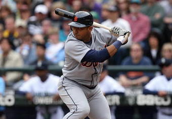 SEATTLE - APRIL 19:  Carlos Guillen #9 of the Detroit Tigers bats against the Seattle Mariners during the game on April 19, 2009 at Safeco Field in Seattle, Washington. (Photo by Otto Greule Jr/Getty Images)