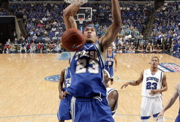 MEMPHIS, TN - MARCH 15: Jerome Jordan #23 of the Tulsa Golden Hurricane dunks the ball past Robert Dozier #2 of the Memphis Tigers during the finals of the Conference USA Basketball Tournament at FedexForum on March 15, 2008 in Memphis, Tennessee. (Photo by Joe Murphy/Getty Images)