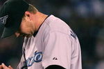 NEW YORK - SEPTEMBER 21:  Roy Halladay #32 of the Toronto Blue Jays reacts against the New York Yankees at Yankee Stadium on September 21, 2007 in the Bronx borough of New York City.  (Photo by Chris McGrath/Getty Images)