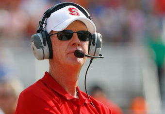 CHESTNUT HILL - SEPTEMBER 8:  Coach Tom O'Brien of the North Carolina Wolfpack watches the game against the Boston College Eagles at Alumni Stadium September 8, 2007 in Chestnut Hill, Massachusetts. (Photo by Jim Rogash/Getty Images)