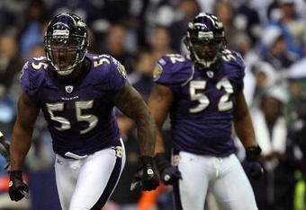 IRVING, TX - DECEMBER 20:  Linebacker Terrell Suggs #55 of the Baltimore Ravens reacts after sacking Tony Romo #9 of the Dallas Cowboys in the first quarter at Texas Stadium on December 20, 2008 in Irving, Texas.  (Photo by Ronald Martinez/Getty Images)
