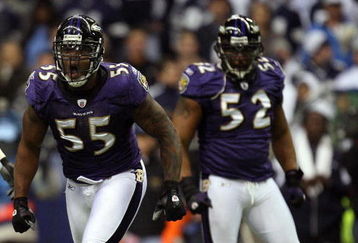 IRVING, TX - DECEMBER 20:  Linebacker Terrell Suggs #55 of the Baltimore Ravens reacts after sacking Tony Romo #9 of the Dallas Cowboys in the first quarter at Texas Stadium on December 20, 2008 in Irving, Texas.  (Photo by Ronald Martinez/Getty Images)