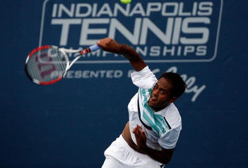 INDIANAPOLIS - JULY 23:  Rajeev Ram serves the ball to Sam Querrey during the Indianapolis Tennis Championships on July 23, 2009 at the Indianapolis Tennis Center in Indianapolis, Indiana.  (Photo by Chris Graythen/Getty Images)