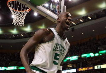 BOSTON - FEBRUARY 08:  Kevin Garnett #5 of the Boston Celtics celebrates a shot against the San Antonio Spurs on February 8, 2009 at TD Banknorth Garden in Boston, Massachusetts. The Spurs defeated the Celtics 105-99. NOTE TO USER: User expressly acknowledges and agrees that, by downloading and or using this Photograph, user is consenting to the terms and conditions of the Getty Images License Agreement.  (Photo by Elsa/Getty Images)