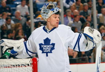 BUFFALO, NY - MARCH 27:  Justin Pogge #1 of the Toronto Maple Leafs looks on during the game against the Buffalo Sabres on March 27, 2009 at HSBC Arena in Buffalo, New York. (Photo by Rick Stewart/Getty Images)
