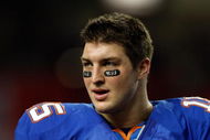 ATLANTA - DECEMBER 06:  Quarterback Tim Tebow #15 of the Florida Gators waits on stage after defeating the Alabama Crimson Tide during the SEC Championship on December 6, 2008 at the Georgia Dome in Atlanta, Georgia. The Gators defeated the Crimson Tide 31-20.  (Photo by Chris Graythen/Getty Images)