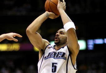 SALT LAKE CITY - APRIL 25:  Carlos Boozer #5 of the Utah Jazz shoots in Game Four of the Western Conference Quarterfinals against the Los Angeles Lakers during the 2009 NBA Playoffs at Energy Solutions Arena on April 25, 2009 in Salt Lake City, Utah.  The Lakers won 108-94.  NOTE TO USER: User expressly acknowledges and agrees that, by downloading and/or using this Photograph, user is consenting to the terms and conditions of the Getty Images License Agreement.  (Photo by Otto Greule Jr/Getty Images)  