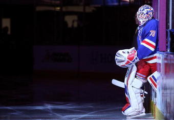 NEW YORK - APRIL 26: Henrik Lundqvist #30 of the New York Rangers skates out to face the Washington Capitals in Game Six of the Eastern Conference Quarterfinal Round of the 2009 NHL Stanley Cup Playoffs at Madison Square Garden on April 26, 2009 in New York City. The Capitals defeated the Rangers 5-3.  (Photo by Bruce Bennett/Getty Images)