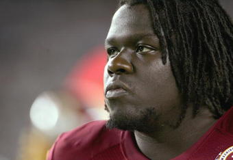 PHILADELPHIA - SEPTEMBER 17:  Stephon Heyer #74 of the Washington Redskins looks on during the game against the Philadelphia Eagles at Lincoln Financial Field on September 17, 2007  in Philadelphia, Pennsylvania. (Photo by: Chris McGrath/Getty Images)