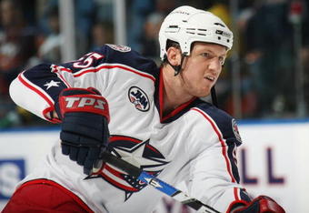 UNIONDALE, NY - NOVEMBER 03: Ole-Kristian Tollefsen #55 of the Columbus Blue Jackets skates during warmups prior to his game against the New York Islanders on November 3, 2008 at the Nassau Coliseum in Uniondale, New York. (Photo by Bruce Bennett/Getty Images)