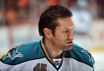 ANAHEIM, CA - APRIL 21:  Jody Shelley #45 of the San Jose Sharks looks on against the Anaheim Ducks during Game Three of the Western Conference Quarterfinal Round of the 2009 Stanley Cup Playoffs at Honda Center on April 21, 2009 in Anaheim, California. (Photo by Harry How/Getty Images)