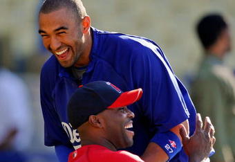 LOS ANGELES, CA - MAY 23:  Matt Kemp (L) of the Los Angeles Dodgers greets Torii Hunter of the Los Angeles Angels during batting practice at Dodger Stadium on May 23, 2009 in Los Angeles, California.  (Photo by Kevork Djansezian/Getty Images)