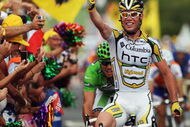 AUBENAS, FRANCE - JULY 24: Mark Cavendish of Great Britain and team Columbia-HTC celebrates his win during stage 19 of the 2009 Tour de France from Bourgoin-Jallieu to Aubenas on July 24, 2009 in Aubenas, France. (Photo by Bryn Lennon/Getty Images)