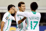 ARLINGTON, TX - JULY 19:  Forward Miguel Sabah #14 celebrates his second goal with Giovani Dos Santos #17 of Mexico against Haiti during the CONCACAF Gold Cup Quarterfinals at Dallas Cowboys Stadium on July 19, 2009 in Arlington, Texas.  (Photo by Ronald Martinez/Getty Images)