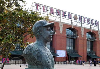 ATLANTA - APRIL 10: A bust of Hall of Famer Hank Aaron greets fans in a plaza outside Turner Field as the Atlanta Braves play against the Washington Nationals in a home opener April 10, 2009 in Atlanta, Georgia.  (Photo by Al Messerschmidt/Getty Images)