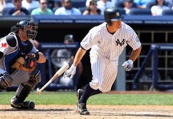 NEW YORK - JULY 06:  Brett Gardner #11 of the New York Yankees bats against the Toronto Blue Jays on July 6, 2009 at Yankee Stadium in the Bronx borough of New York City.  (Photo by Jim McIsaac/Getty Images)
