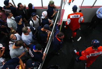 SYOSSET, NY - JULY 12:  Calvin de Haan #3 and Victor Bartley #49 of the New York Islanders walk out onto the ice during the prospect mini-camp open practice scrimmage on July 12, 2009 at Iceworks in Syosset, New York.  (Photo by Mike Stobe/Getty Images)