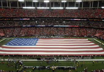ATLANTA, GA - SEPTEMBER 7:  General view as an American Flag spans the field as the Atlanta Falcons host the Detroit Lions at the Georgia Dome on September 7, 2008 in Atlanta, Georgia.  (Photo by Al Messerschmidt/Getty Images)